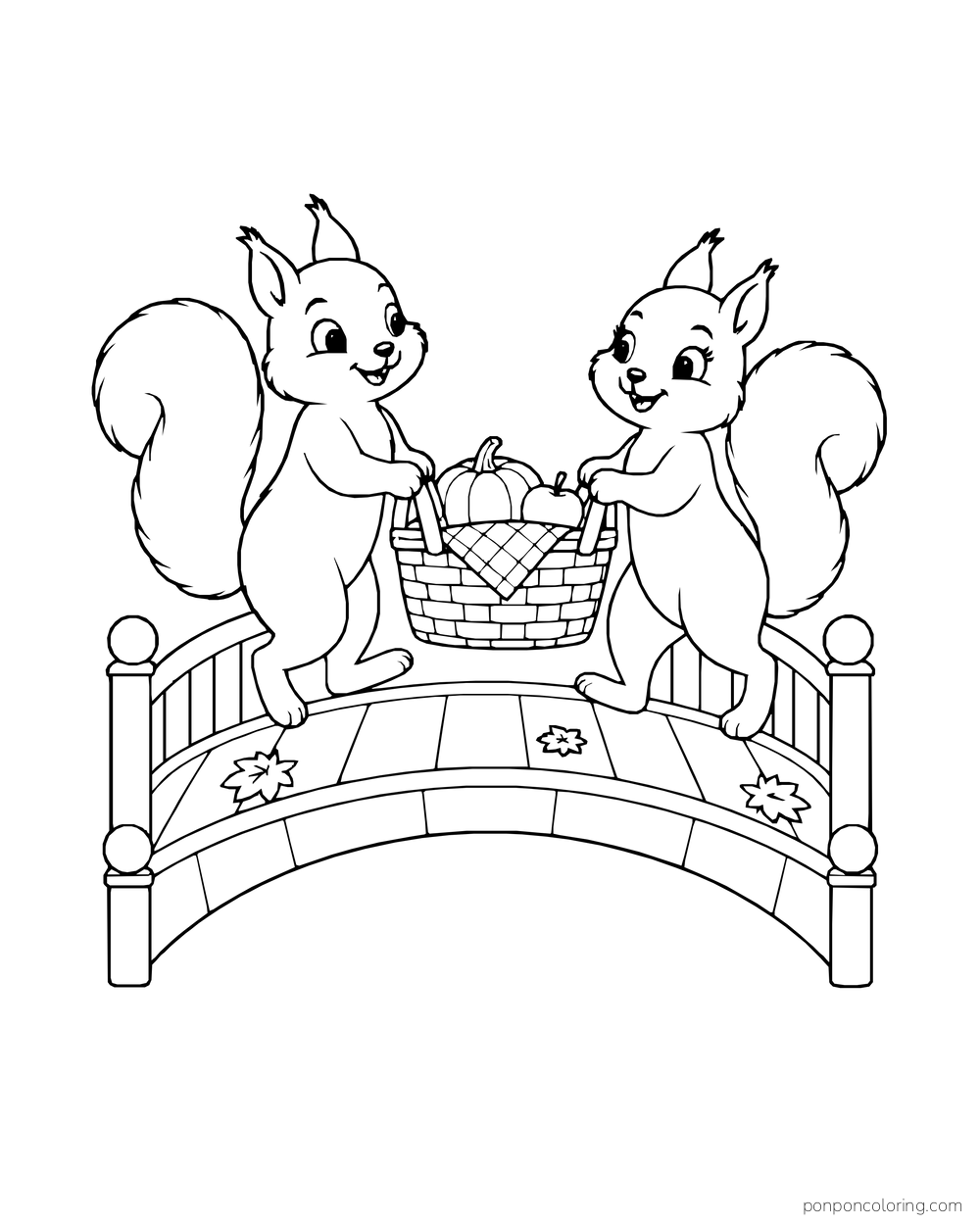 Two squirrels carry a basket together over a short arched bridge.
