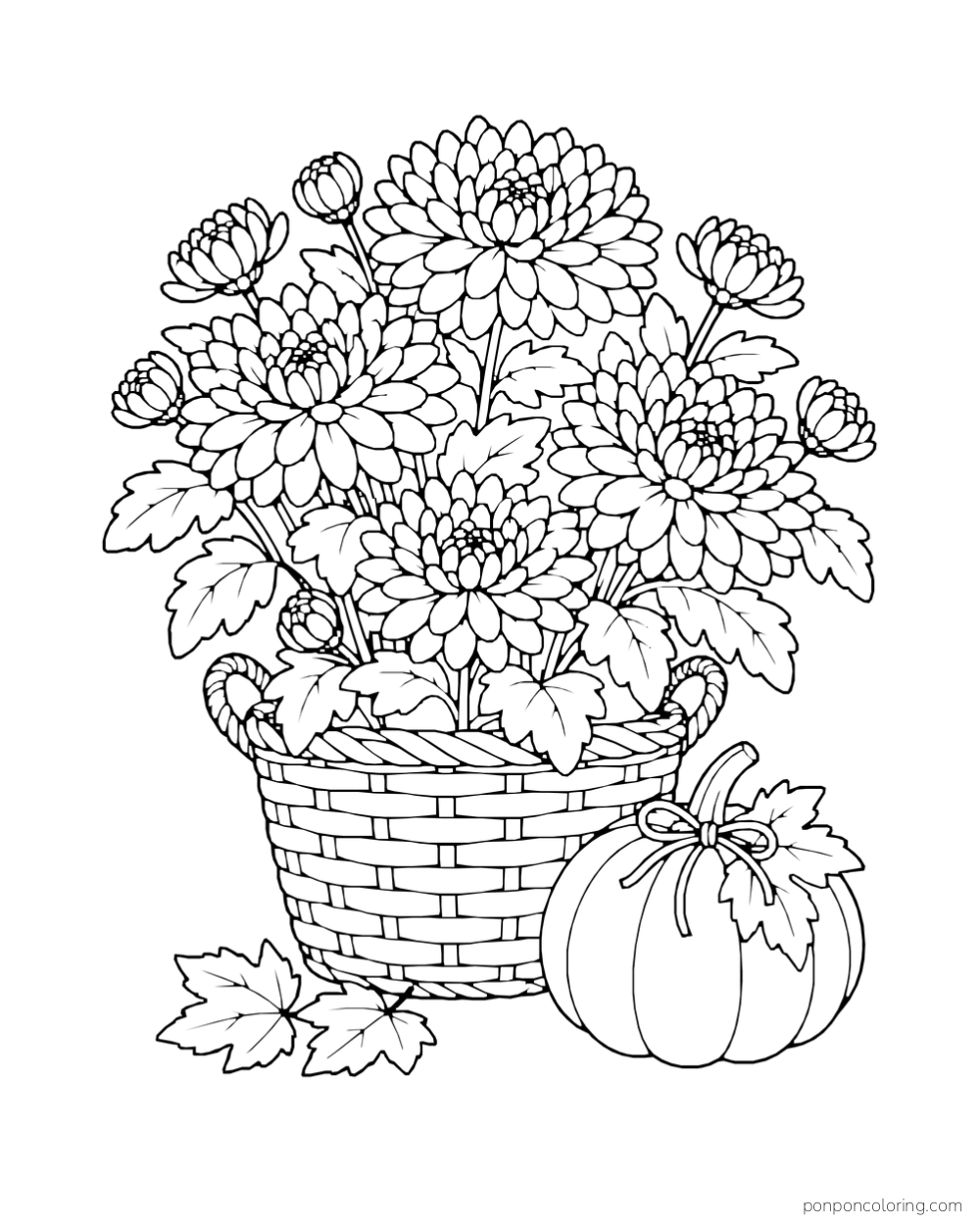 A basket holds chrysanthemums and leafy stems beside a small pumpkin and fallen leaves.