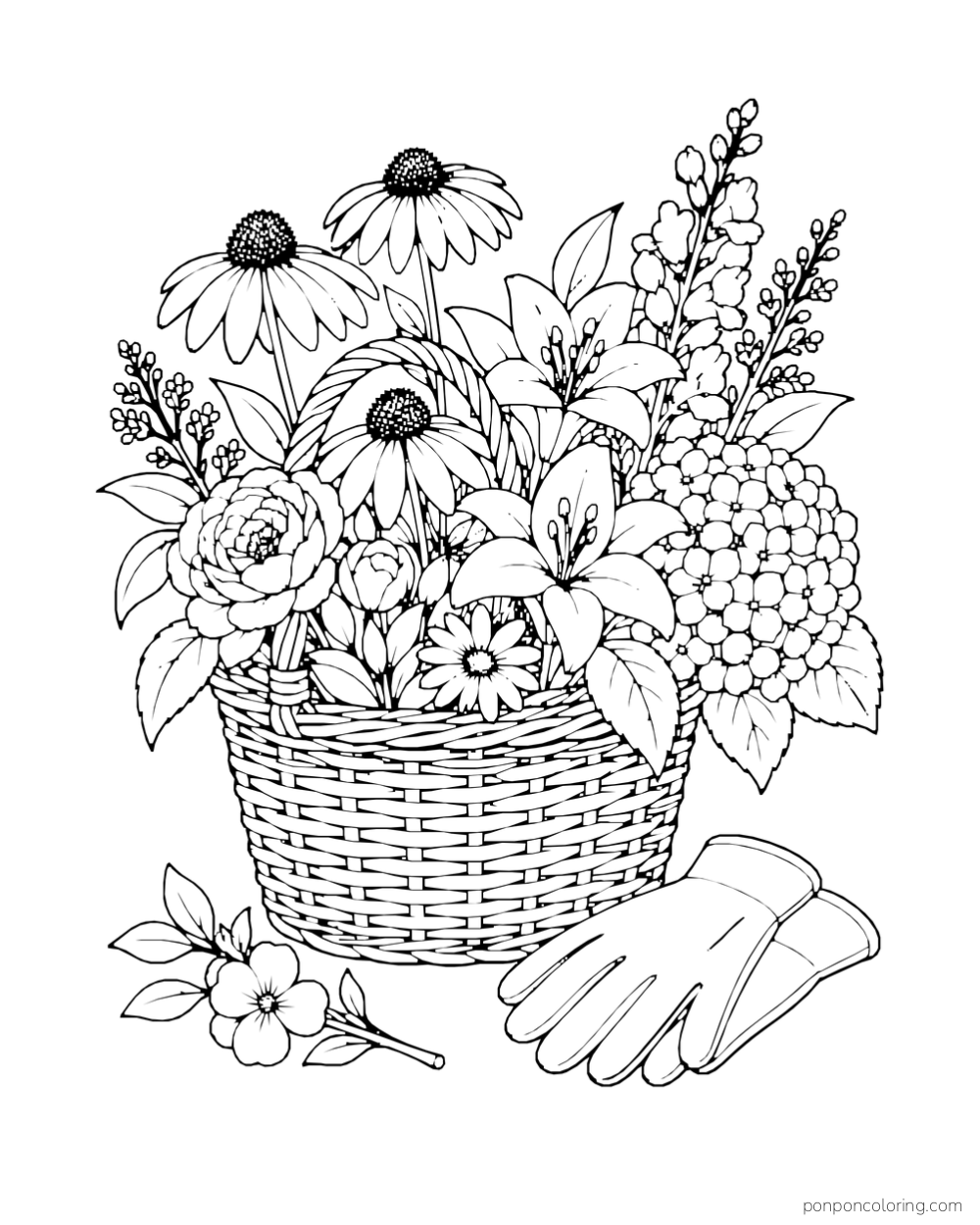 A woven basket holds mixed garden flowers beside a pair of gloves and a cut flower sprig.