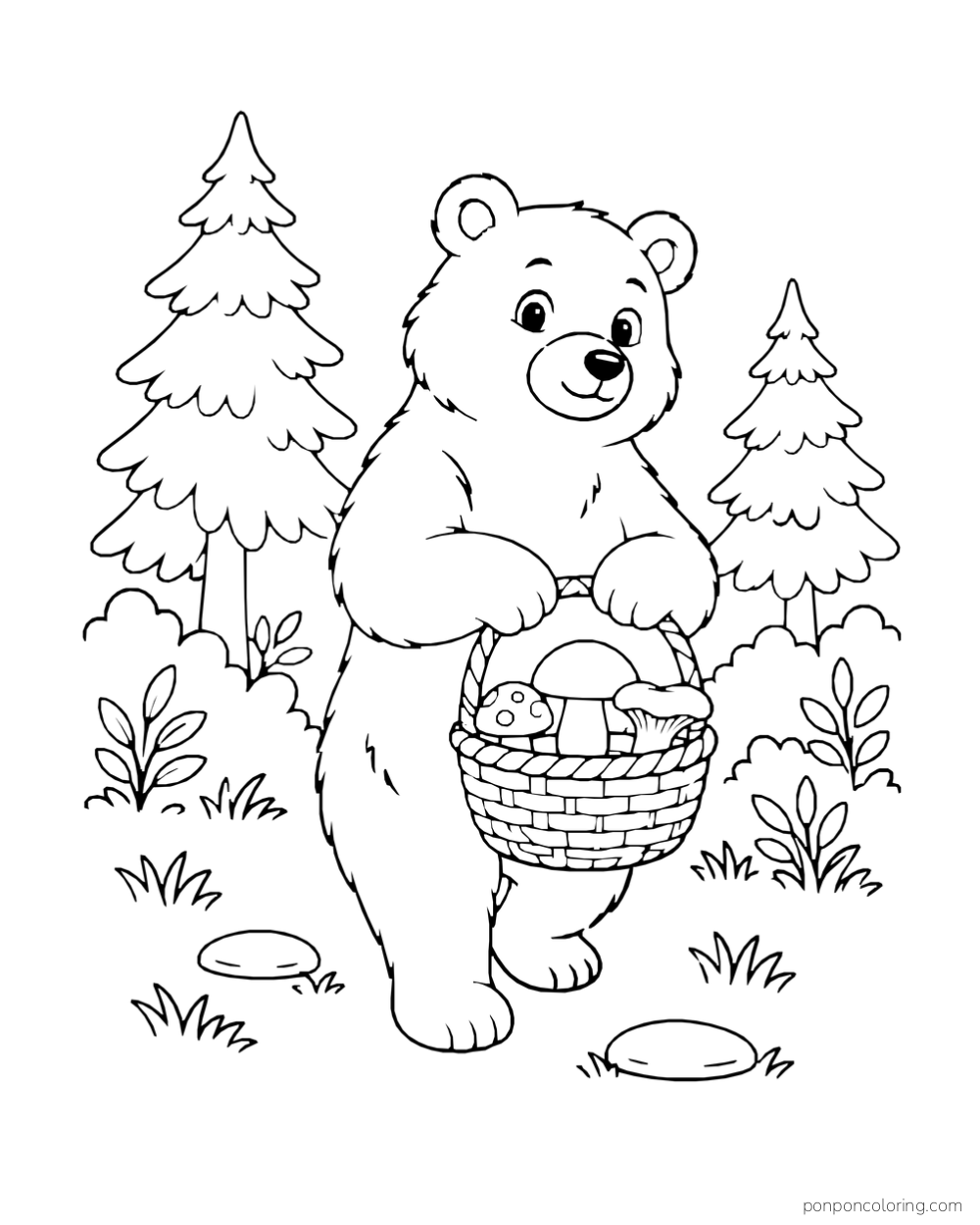 An upright bear carries a woven basket filled with mushroom caps between small fir trees.