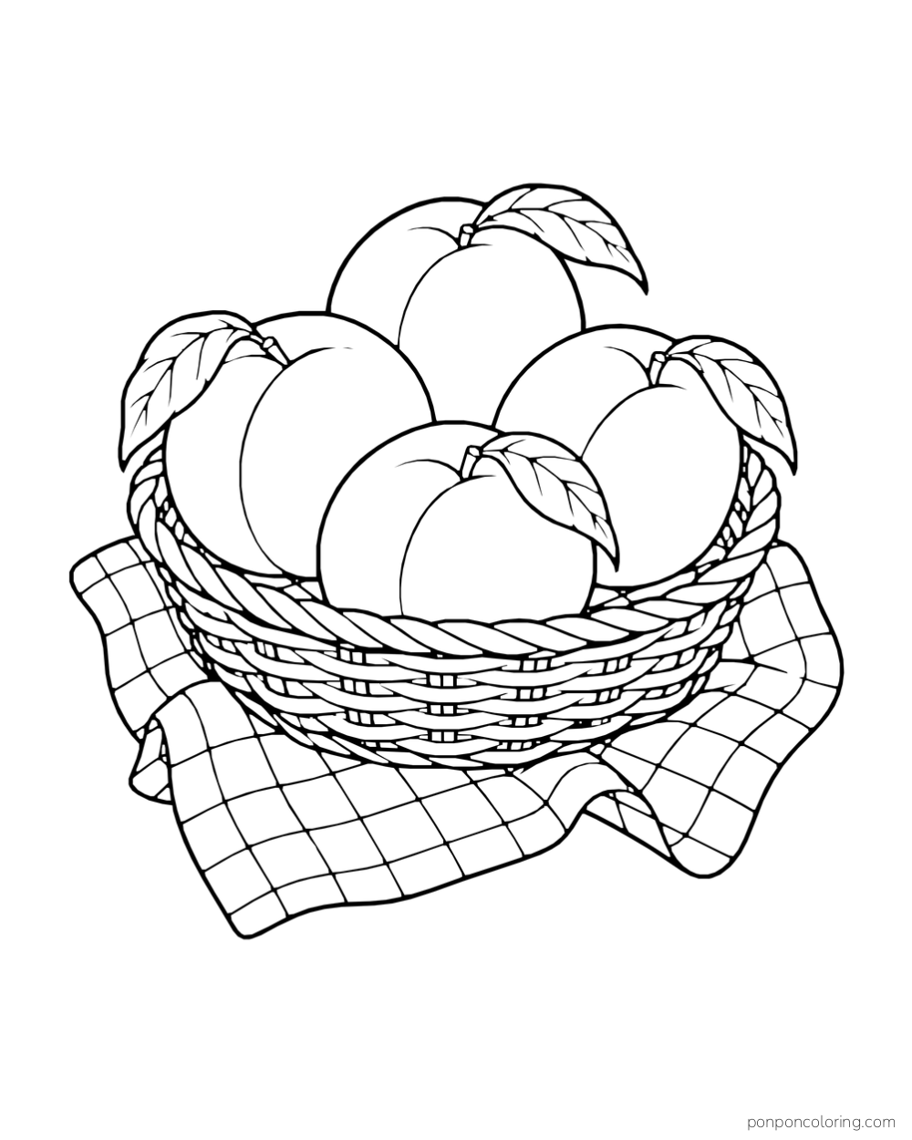 Wicker basket of peaches resting on a checked kitchen towel.