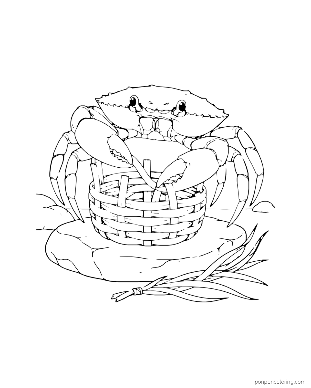 A crab threads long reeds into a woven basket beside a loose bundle of grass.