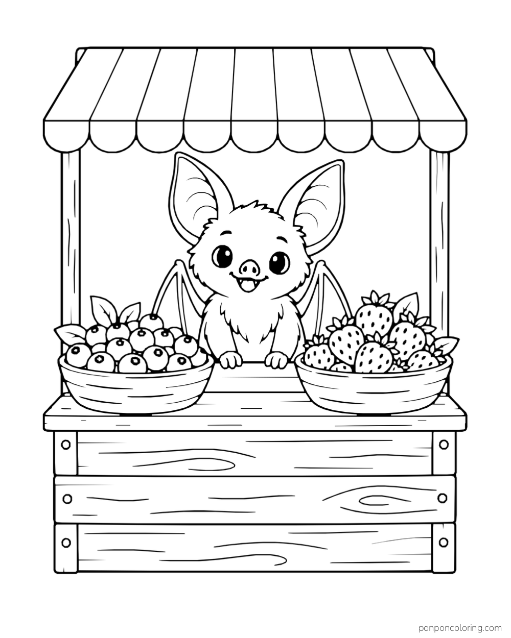 A bat stands behind a berry stall with two bowls under a striped awning.