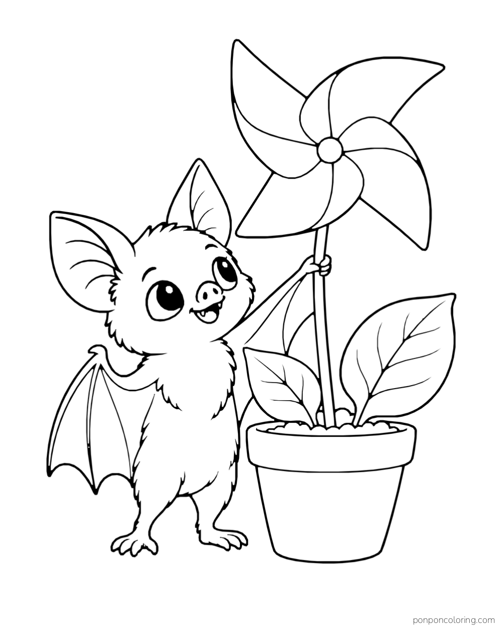 A bat holds a paper pinwheel beside a pot with broad leaves.