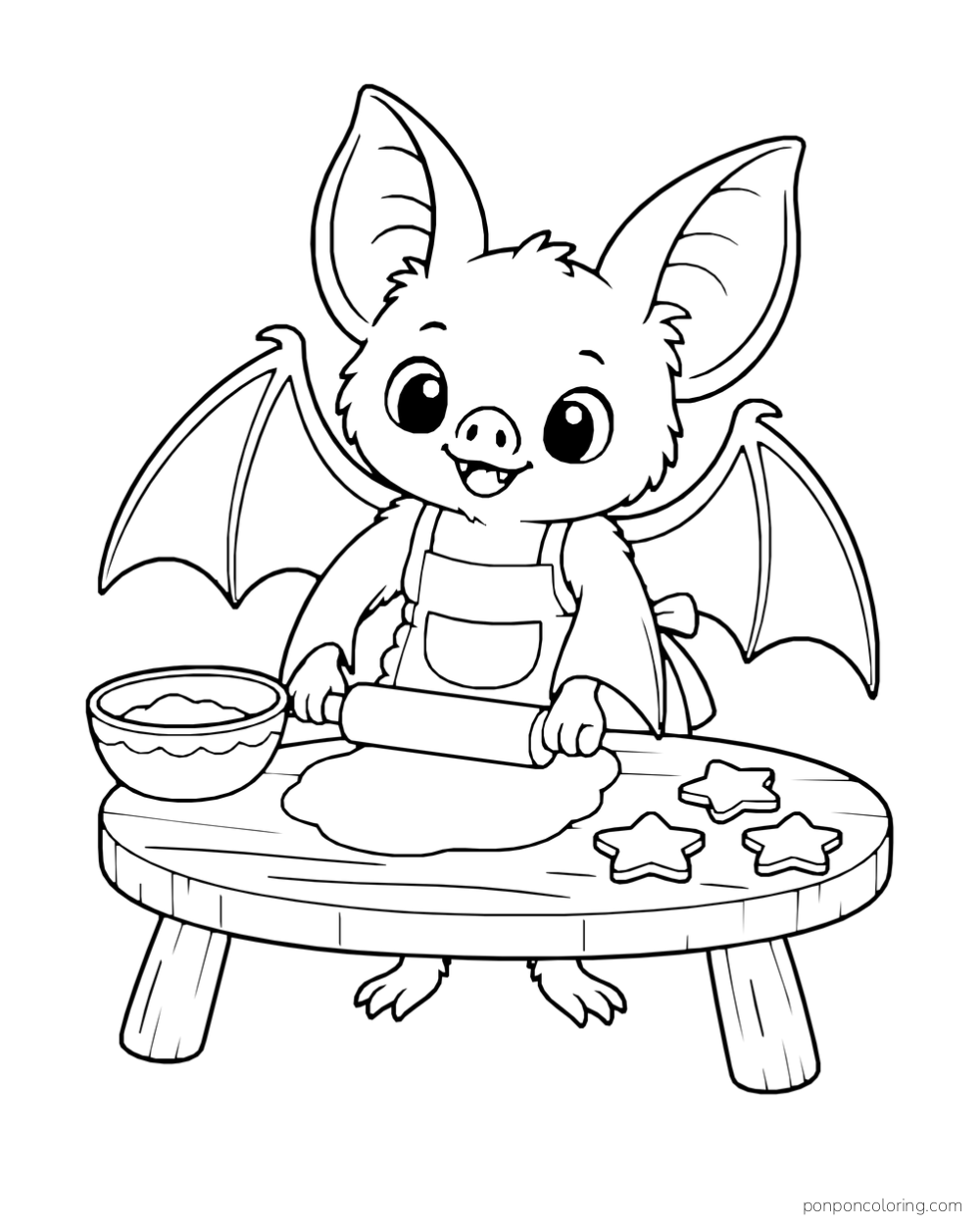 A bat in an apron rolls dough beside star cookies and a mixing bowl.