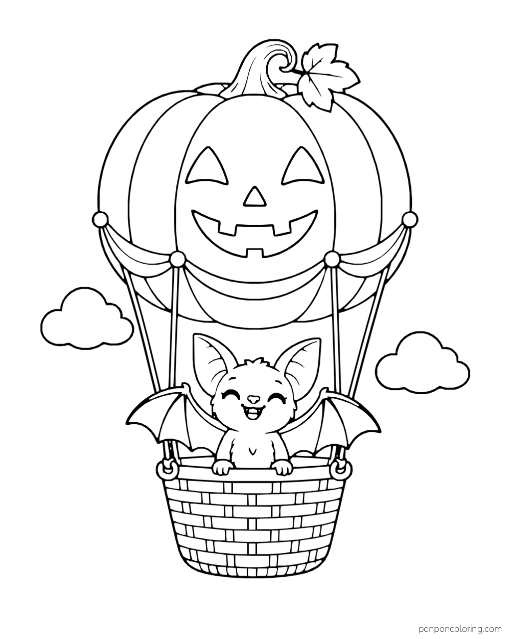A bat rides in a basket beneath a jack-o-lantern hot-air balloon.
