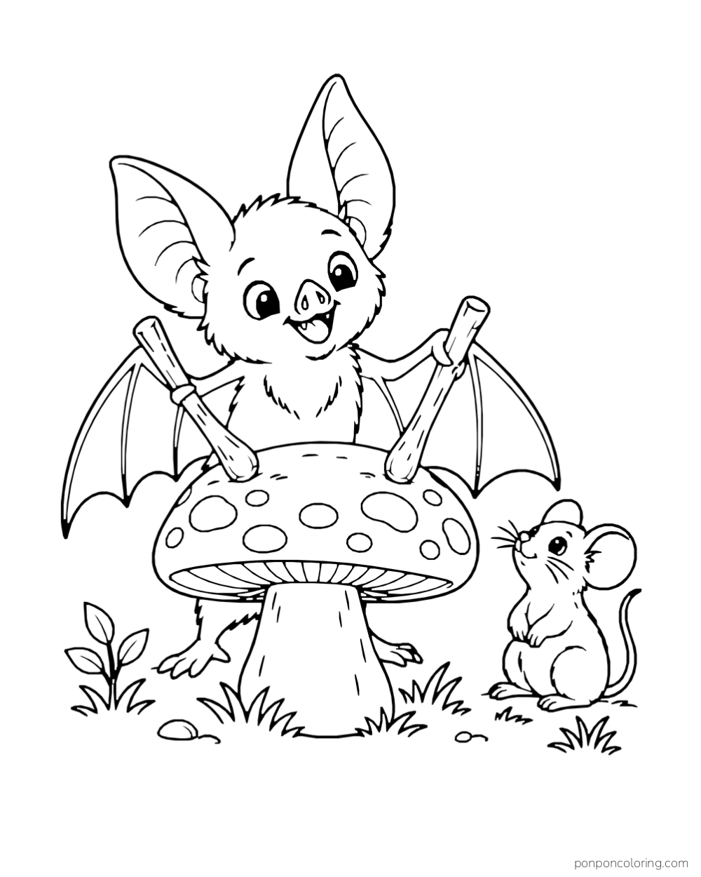 A bat plays a mushroom drum while a mouse listens nearby.