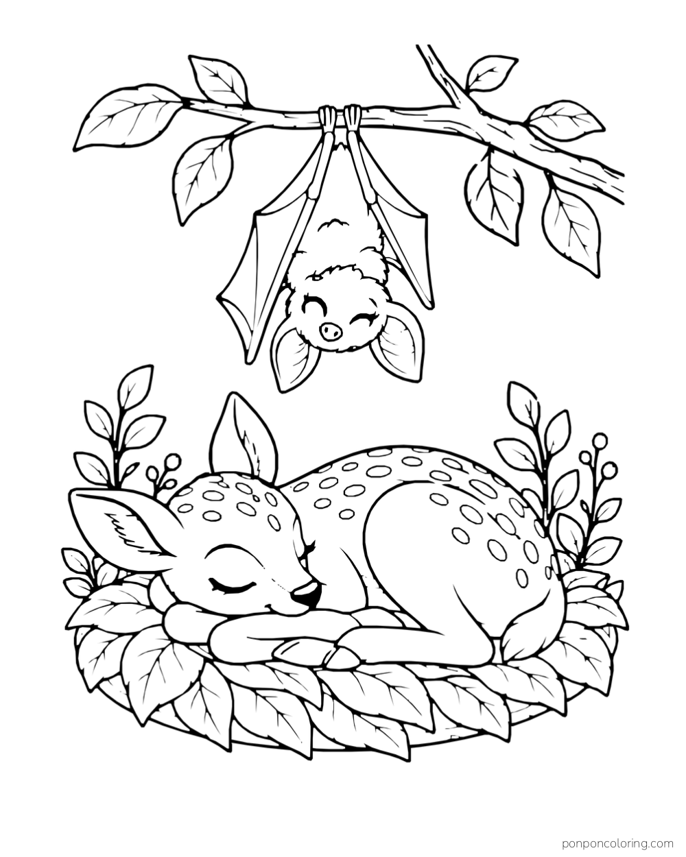 A bat hangs from a branch above a fawn sleeping on a leaf bed.