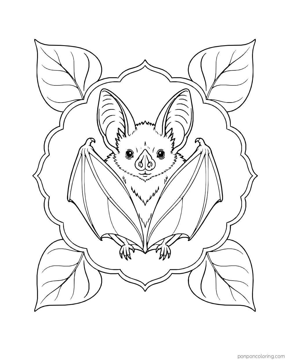 A bat face and folded wings sit inside a scalloped medallion with four broad leaves.