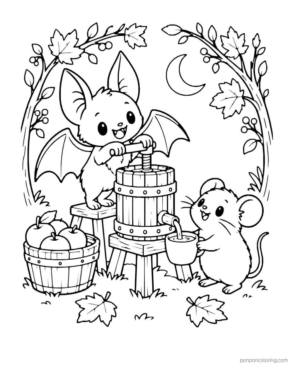 A smiling bat turns an apple press crank while a mouse holds a cup beneath the spout, with a basket of apples, autumn branches and a crescent moon
