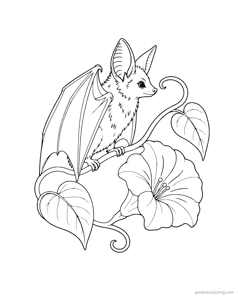 A side-view bat rests among a curling vine, a large flower and heart-shaped leaves.