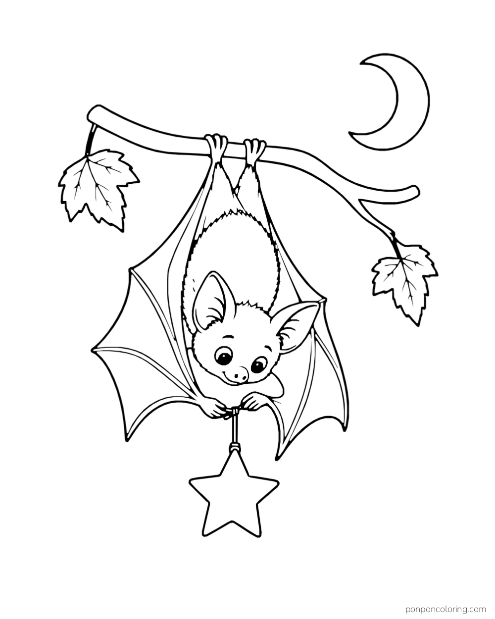 An upside-down bat ties a paper star while holding an autumn branch beneath a crescent moon.