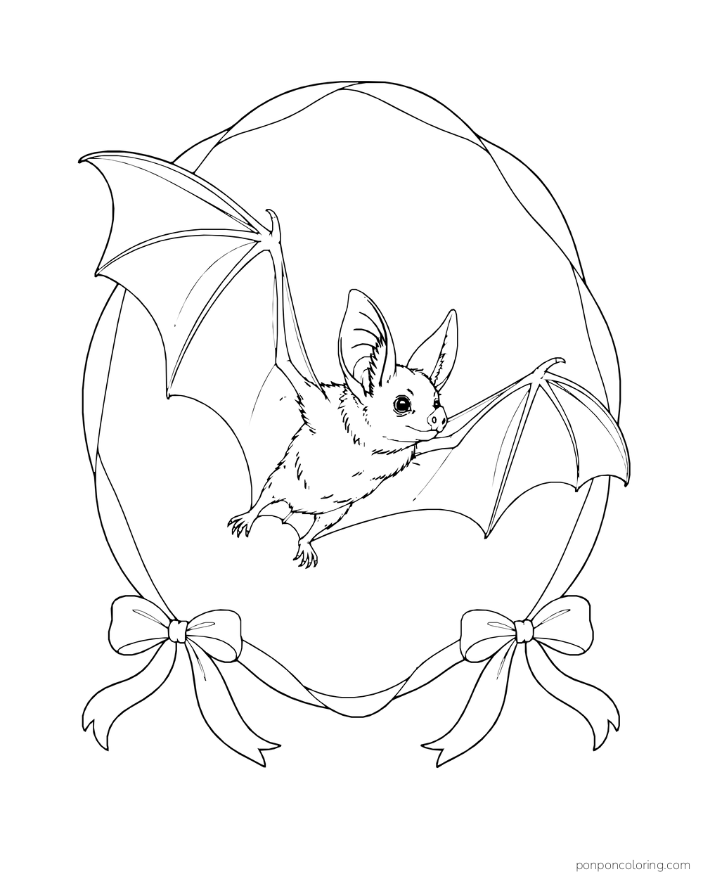 A bat flies inside an oval ribbon loop tied with two bows below.