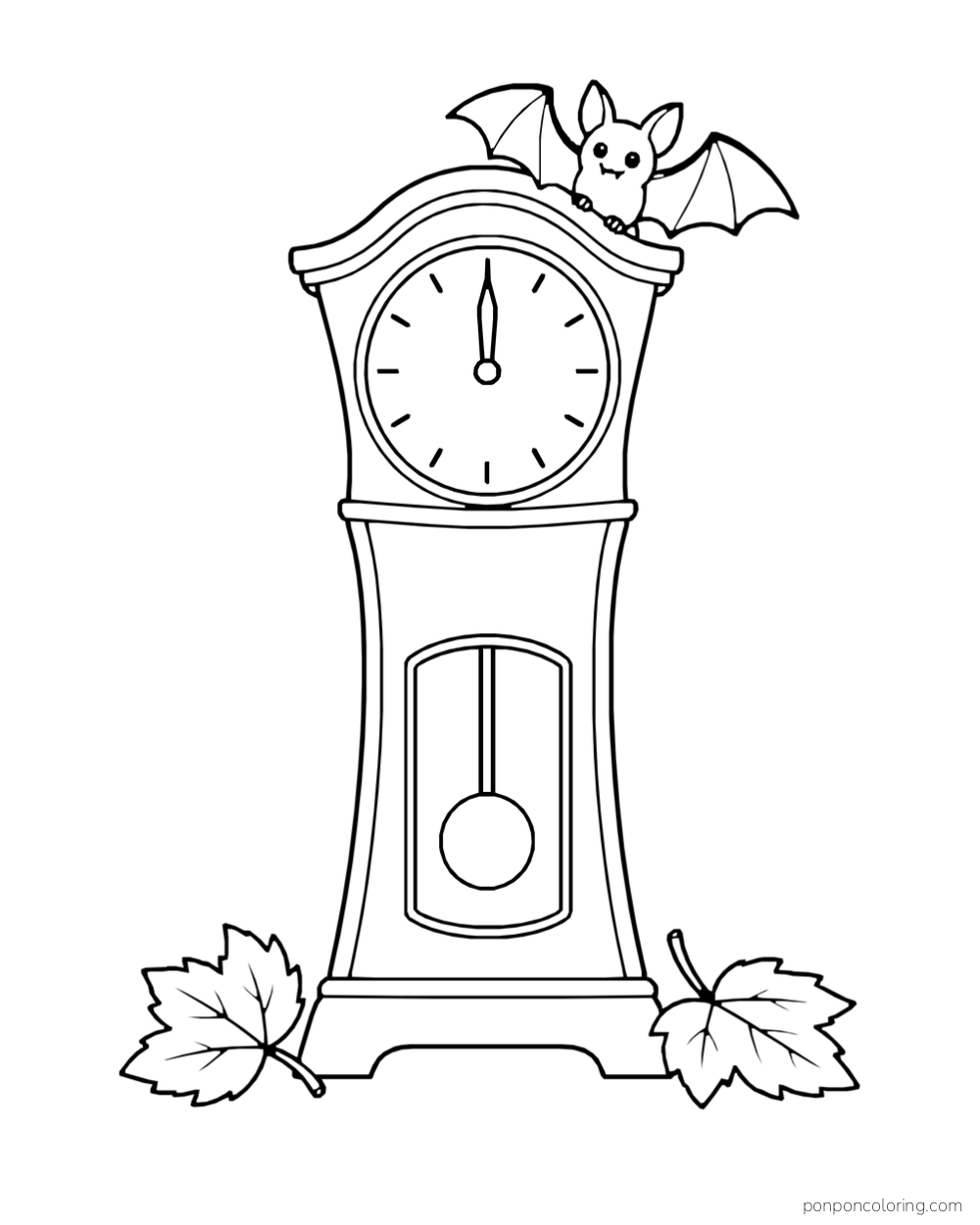 A tiny bat sits atop a curved grandfather clock showing midnight, with a pendulum and two autumn leaves.