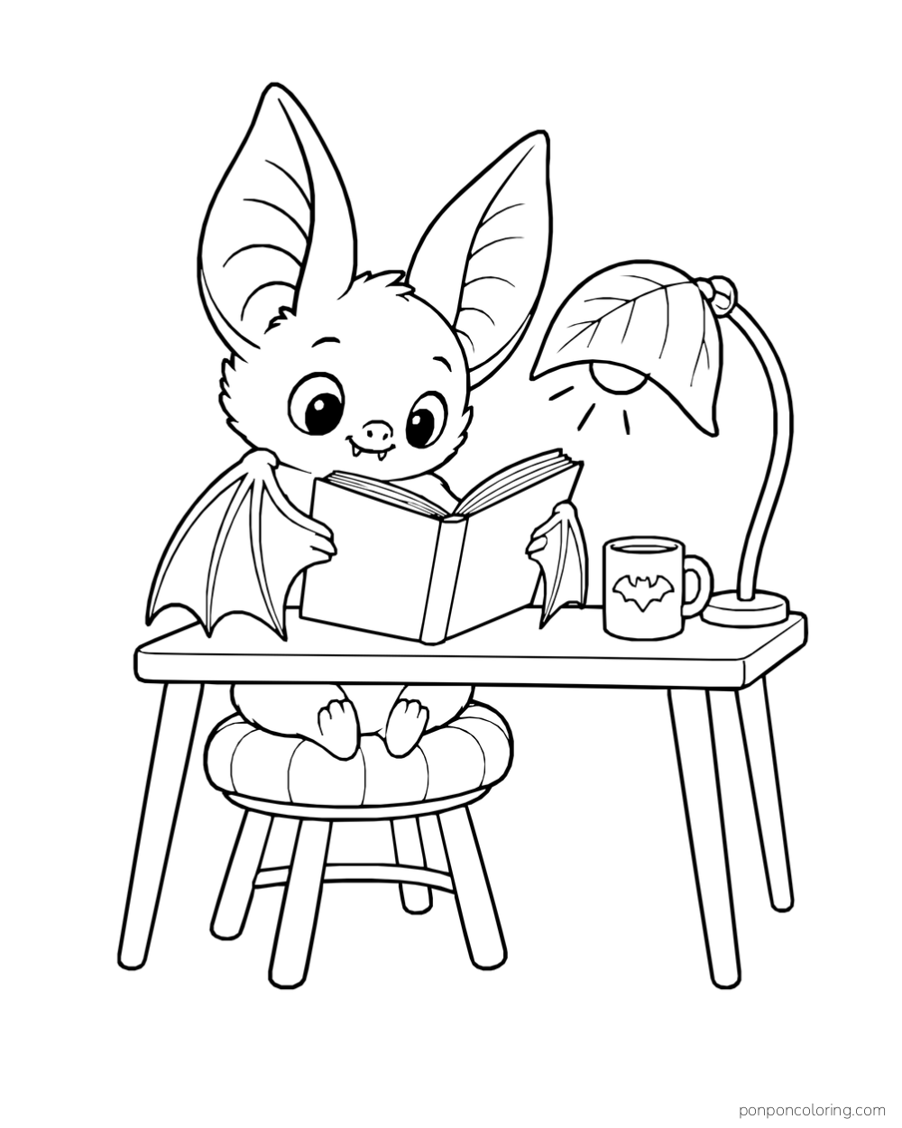 A bat reading an open book at a desk with a leaf-shaped lamp and a mug, seated on a padded stool.