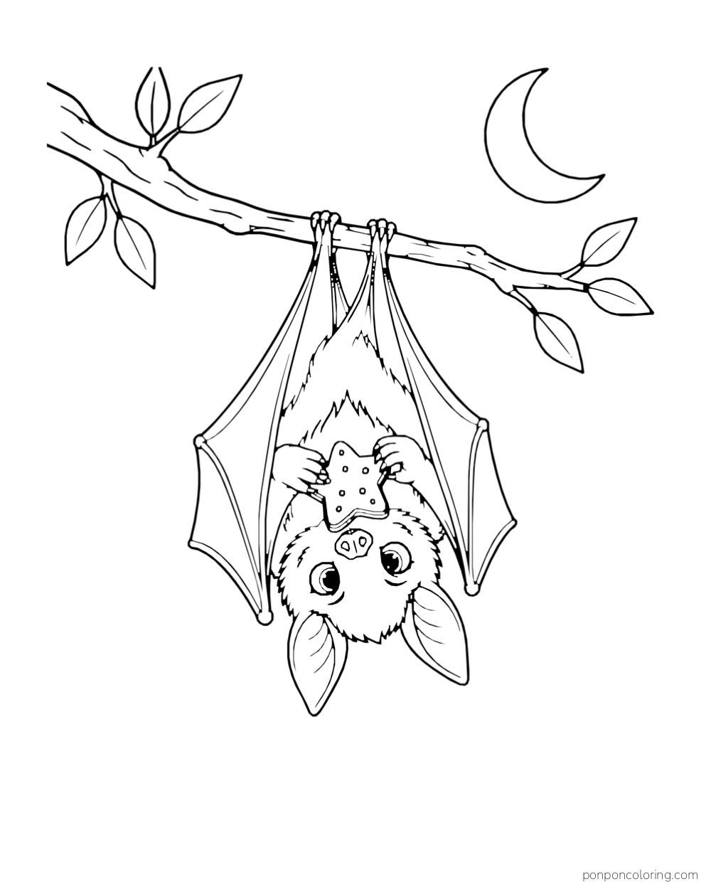 A bat hangs from a branch holding a star-shaped cookie beneath a crescent moon.