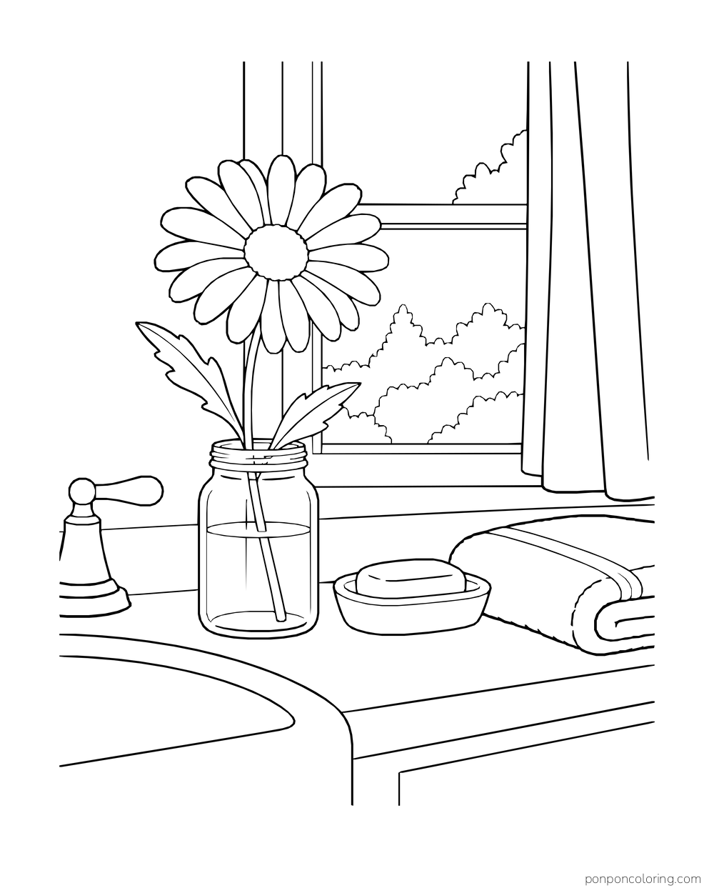A daisy in a glass jar sits at a bathroom window beside soap and a folded towel.