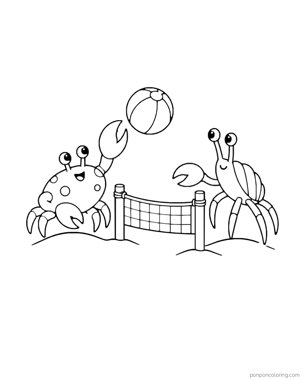 Two crabs stand on opposite sides of a small net with a beach ball above it.