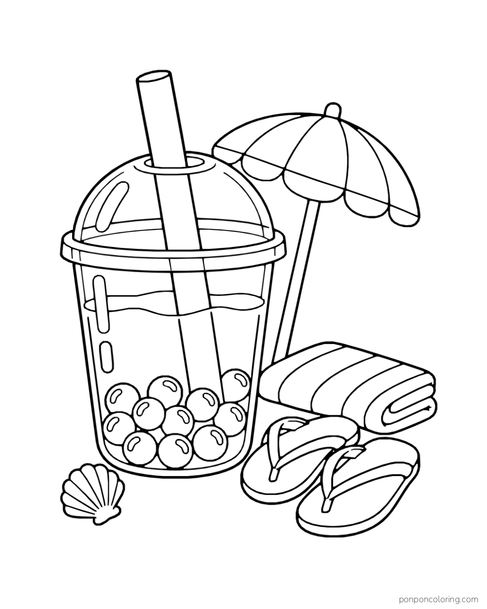 A boba cup stands beside a folded towel, sandals, and a small beach umbrella.