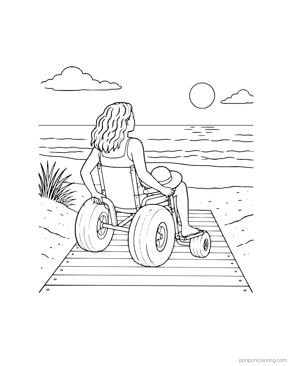 A person in a beach wheelchair pauses on a wooden path facing the sea.