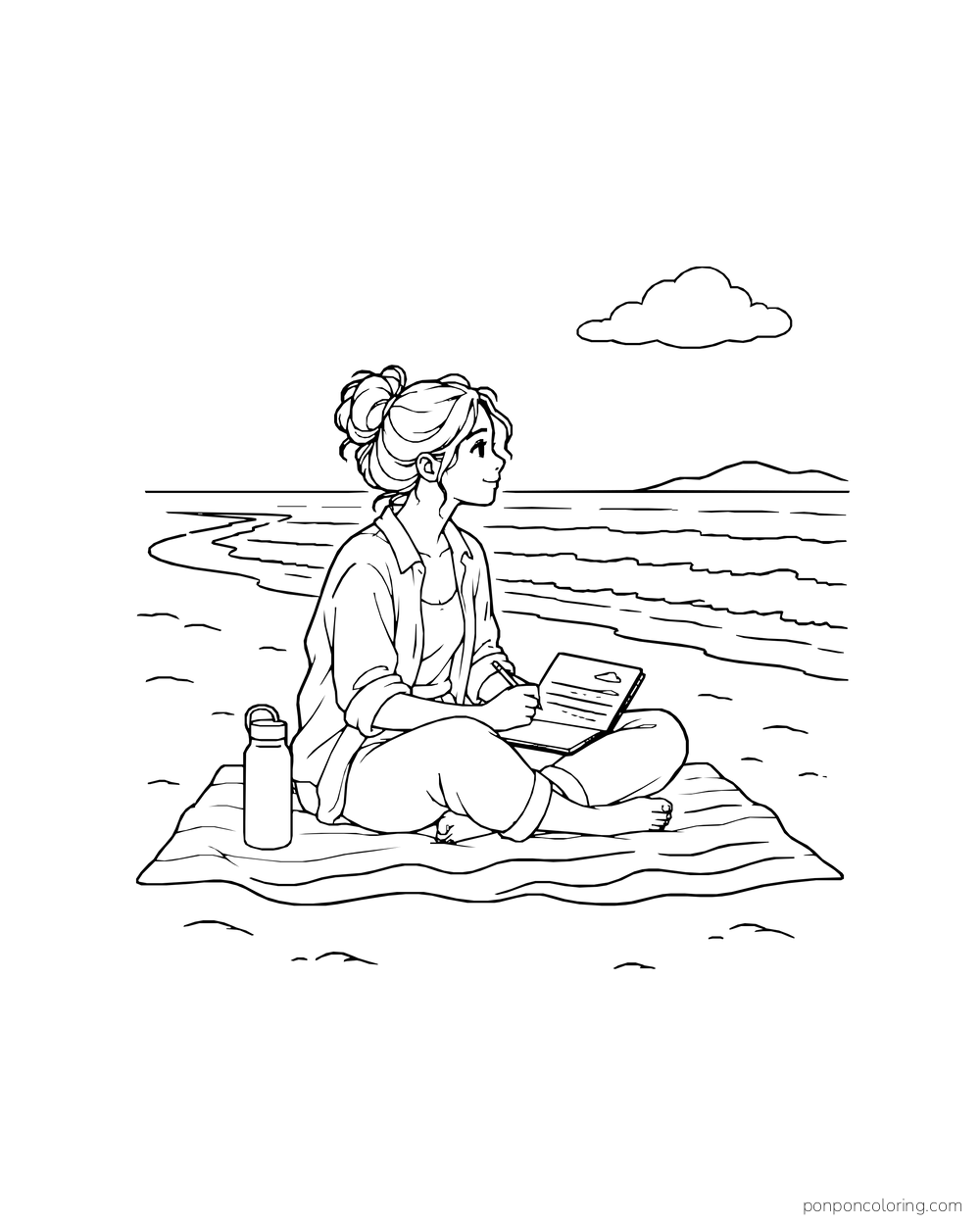A seated beachgoer draws in a notebook on a beach blanket.