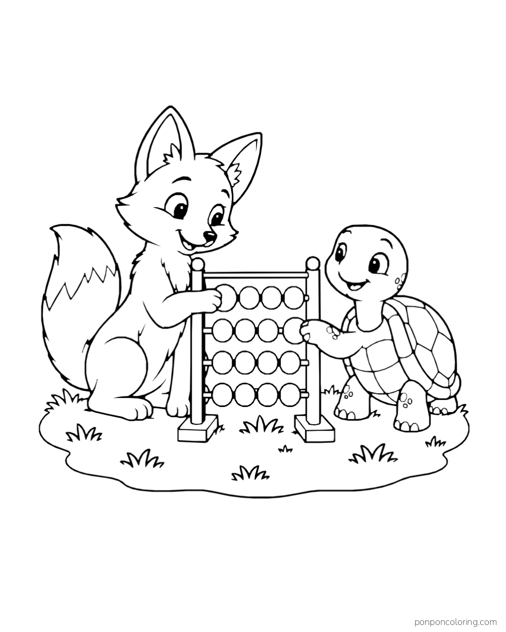 A fox and turtle slide round beads on a small freestanding abacus.