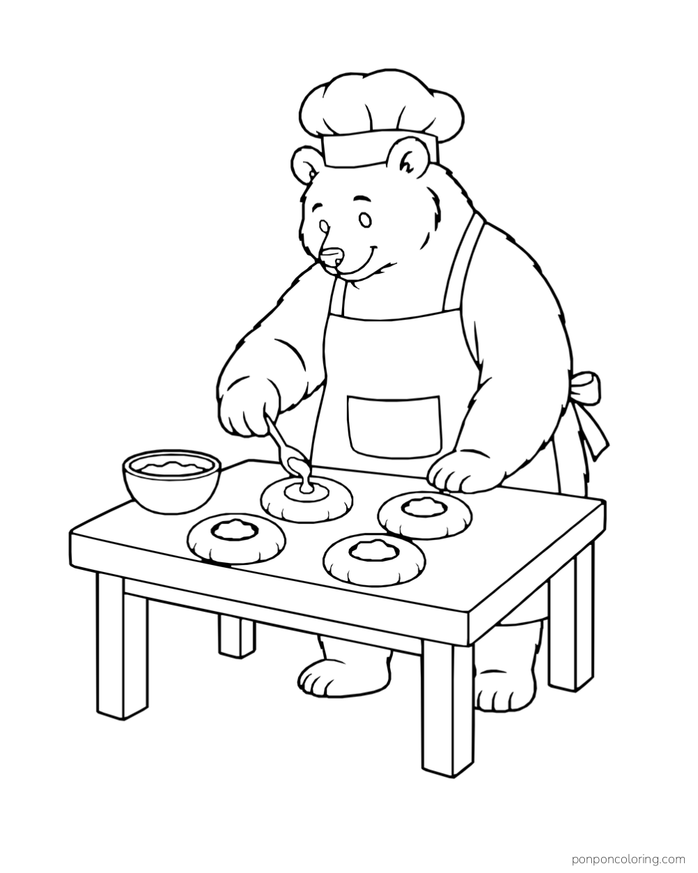 A bear baker spoons filling into round thumbprint cookies on a table.