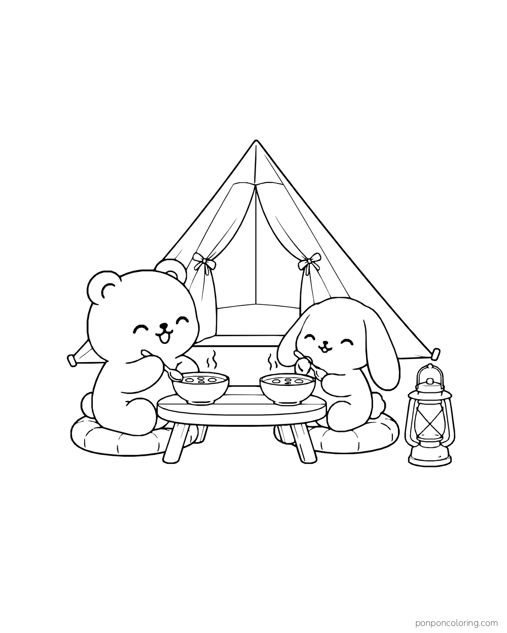 Bear and lop-eared rabbit eating soup at a low table on cushions outside a tied-open tent beside a lantern.