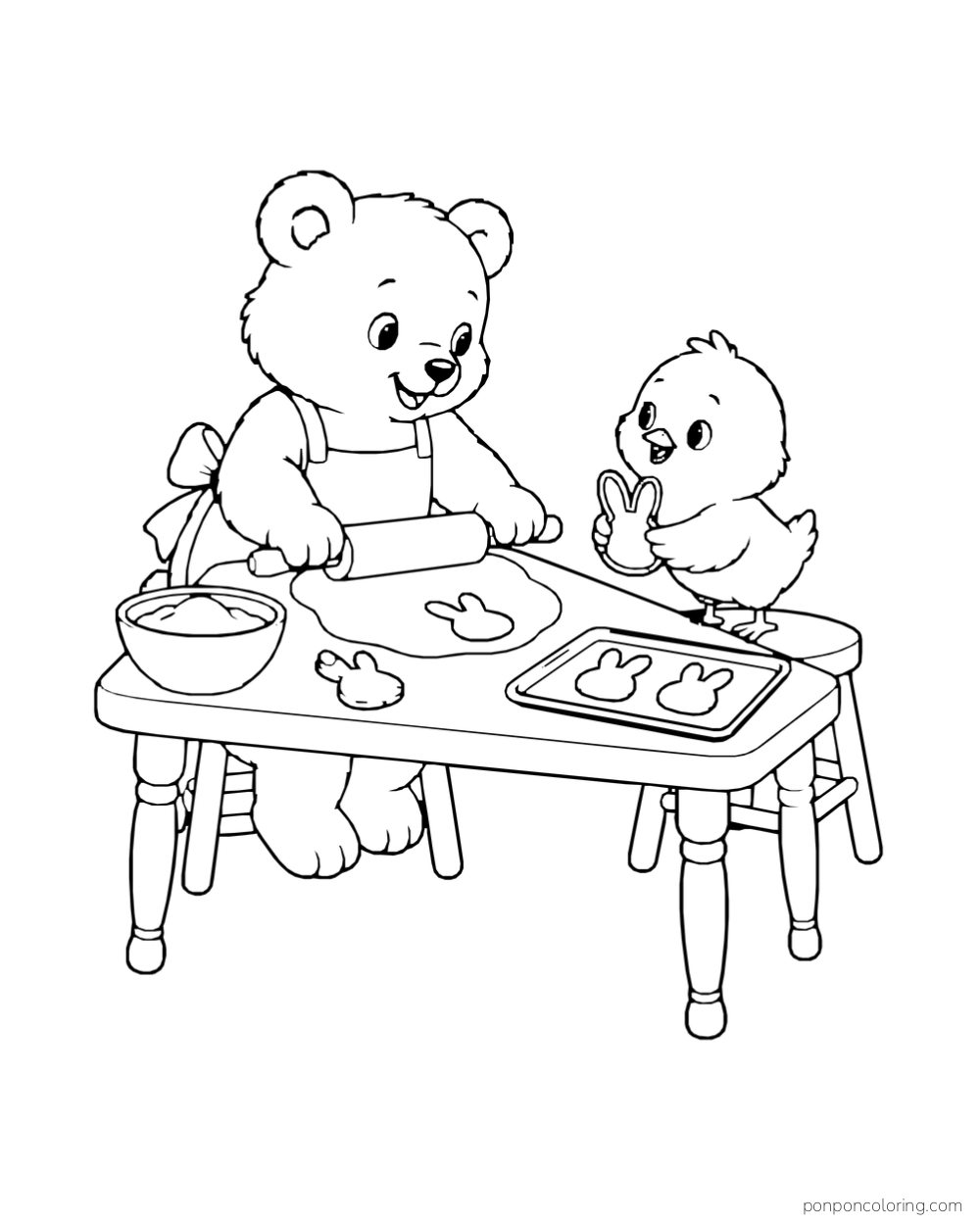 A bear rolls cookie dough while a chick holds a bunny cutter beside a tray of rabbit-shaped cookies.