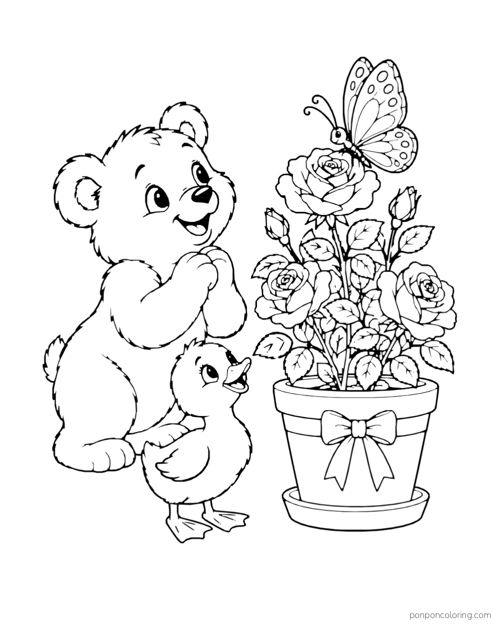 A bear cub and a duckling watch a butterfly above a potted rose bush.