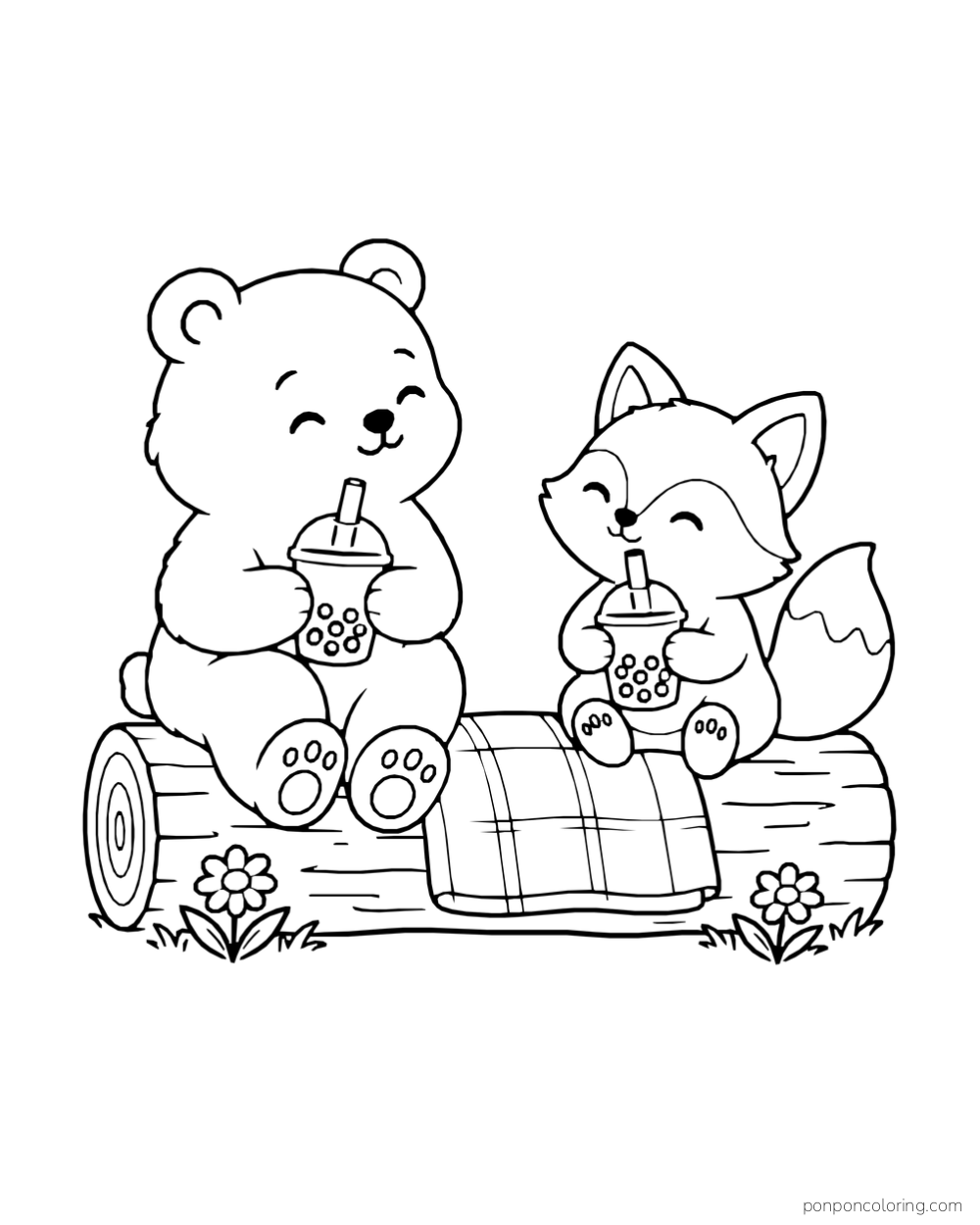 A bear and fox sit on a fallen log, each holding a boba cup.