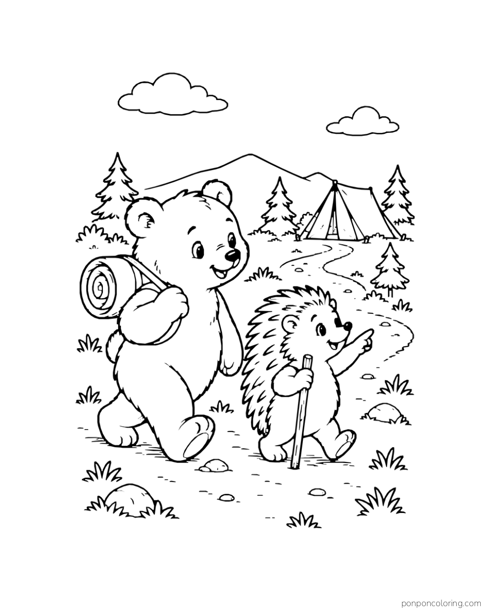 A bear cub carries a rolled blanket while a hedgehog points toward a tent.