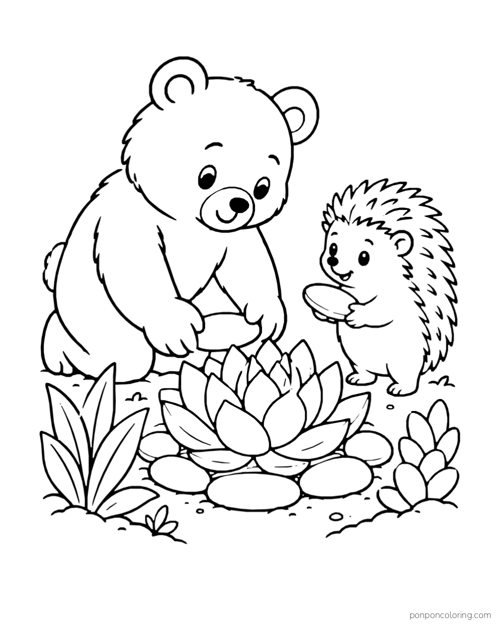 Bear placing a smooth stone around a large garden rosette while a hedgehog holds another stone.
