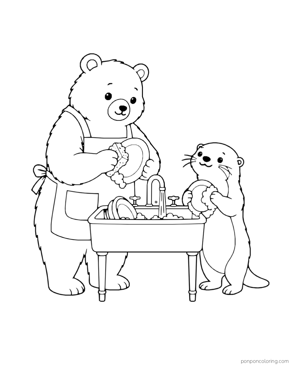 A bear and otter wash plates together at a freestanding sink.