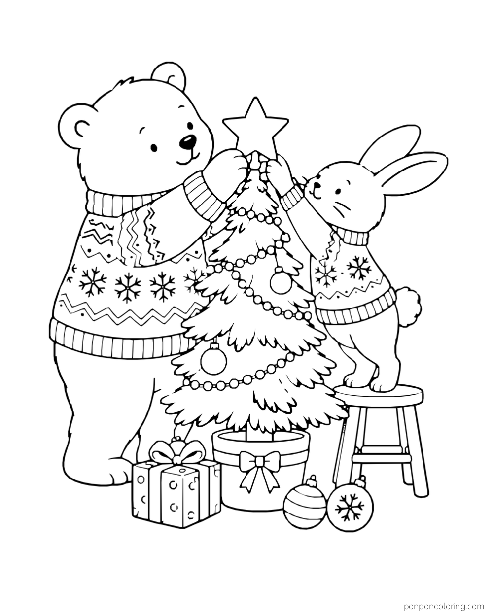 A bear and rabbit in patterned sweaters lift a star onto a potted Christmas tree beside gifts and ornaments.