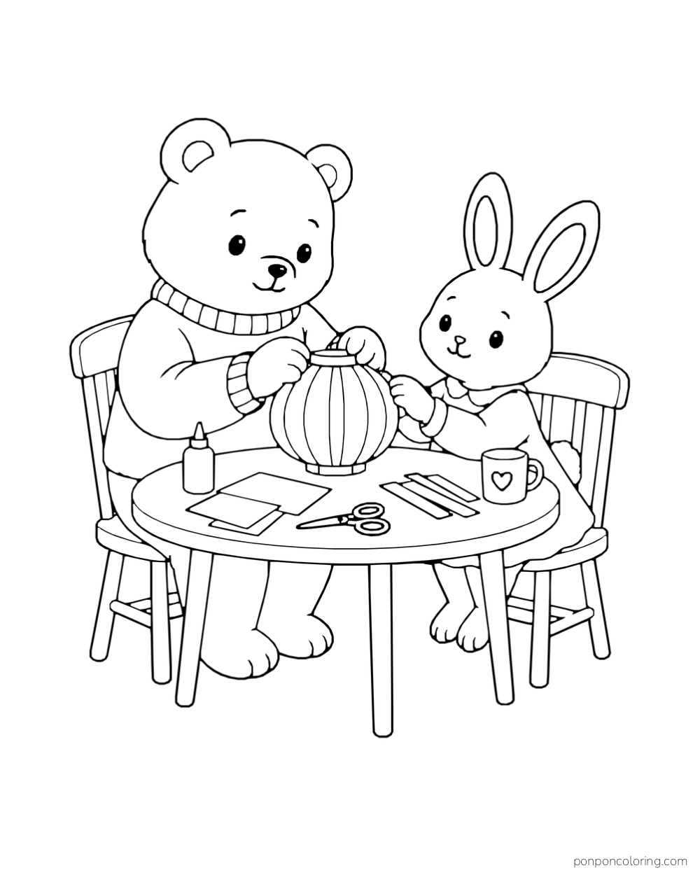 A bear and rabbit assemble a round paper lantern at a table with scissors, glue, and paper strips.