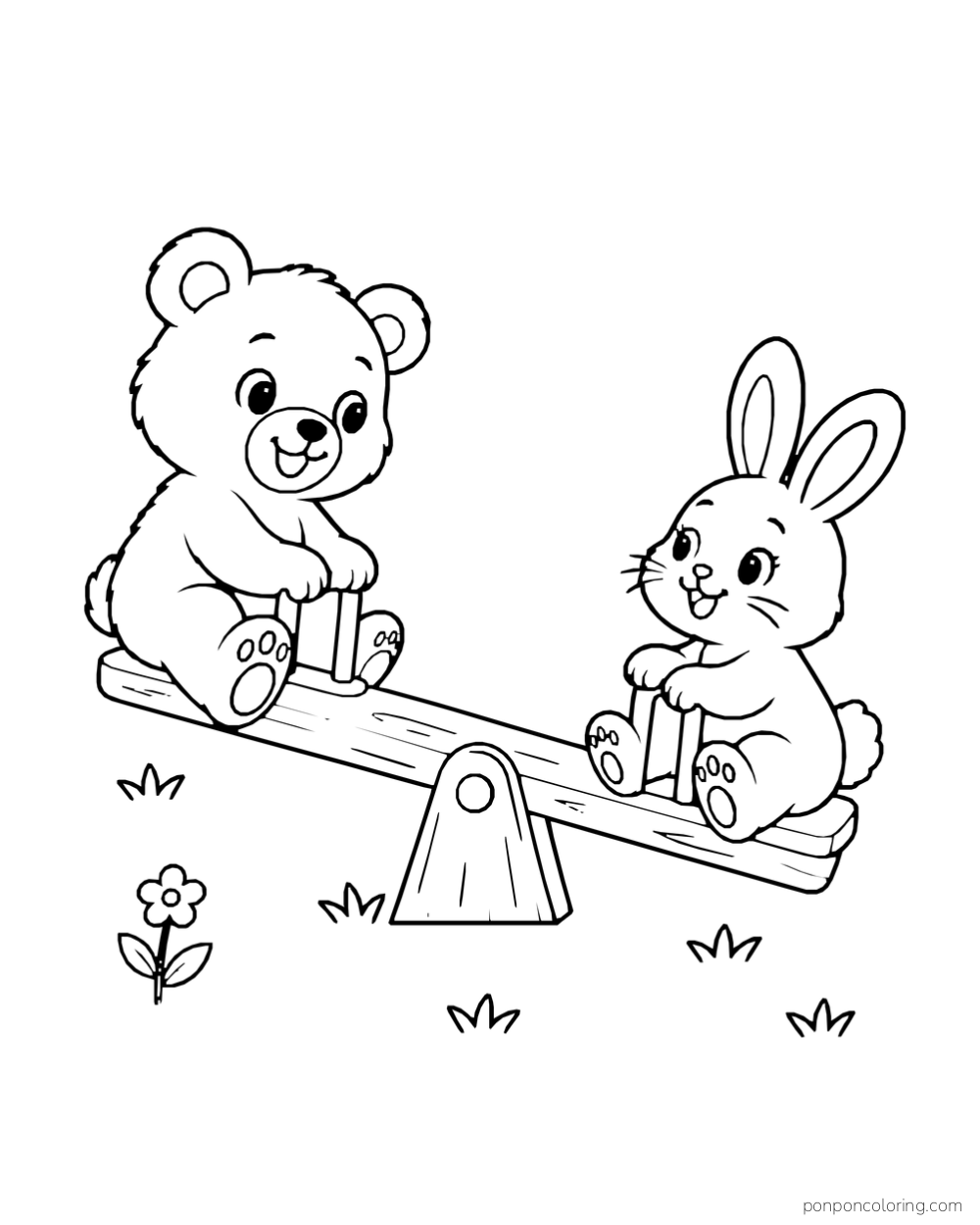 A bear and a rabbit sit at opposite ends of a short wooden seesaw.