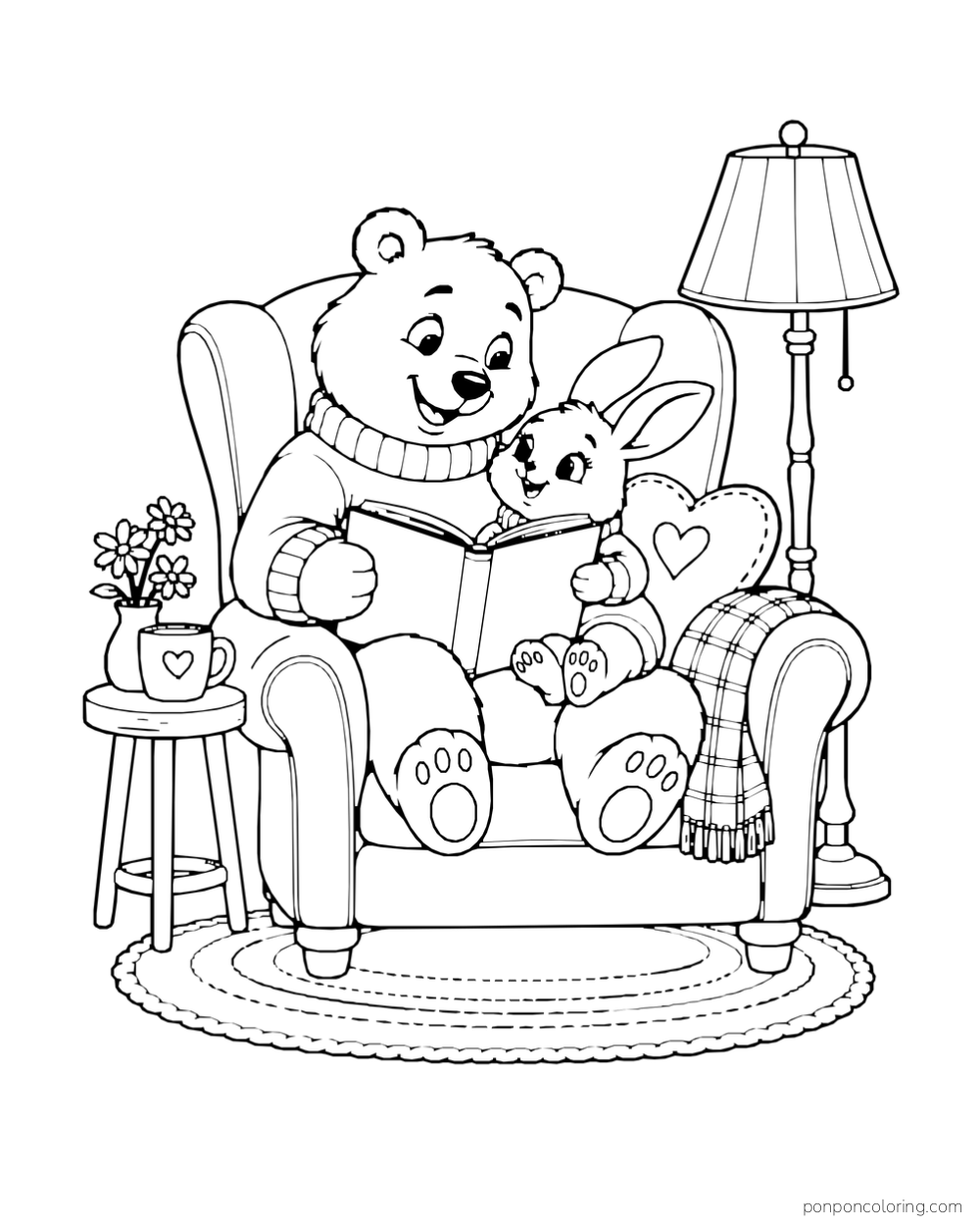 A bear and rabbit share a book in an armchair beside a floor lamp and small table.
