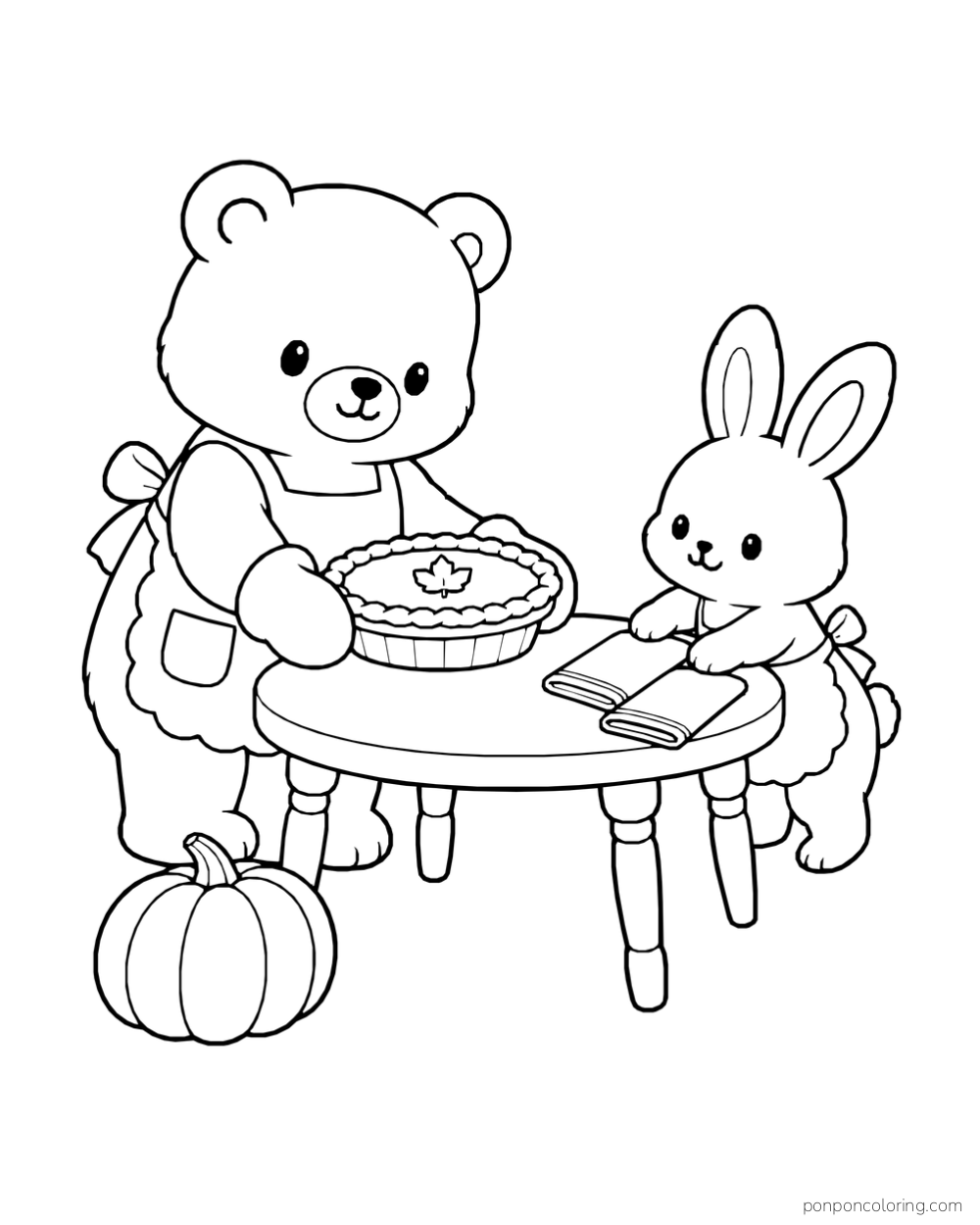 A bear carrying a pumpkin pie while a rabbit arranges two folded napkins on a table beside a pumpkin.