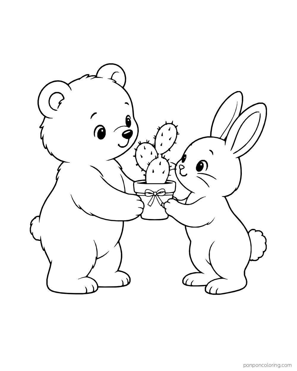 A bear and rabbit hold a small ribbon-tied pot containing a prickly pear cactus.