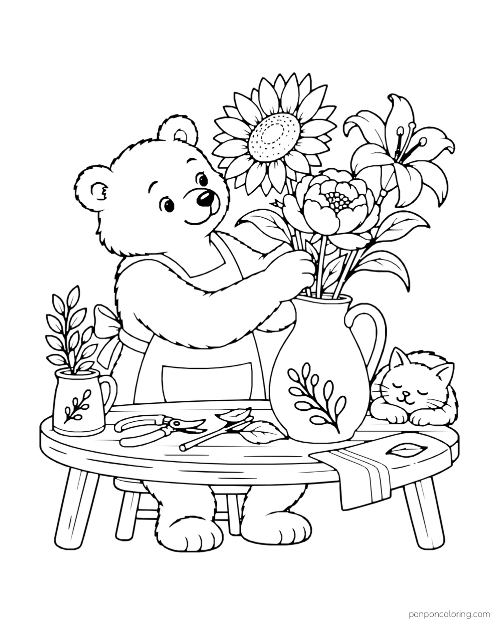 A seated bear arranges sunflowers and lilies in a pitcher beside a sleeping kitten and flower-trimming supplies.