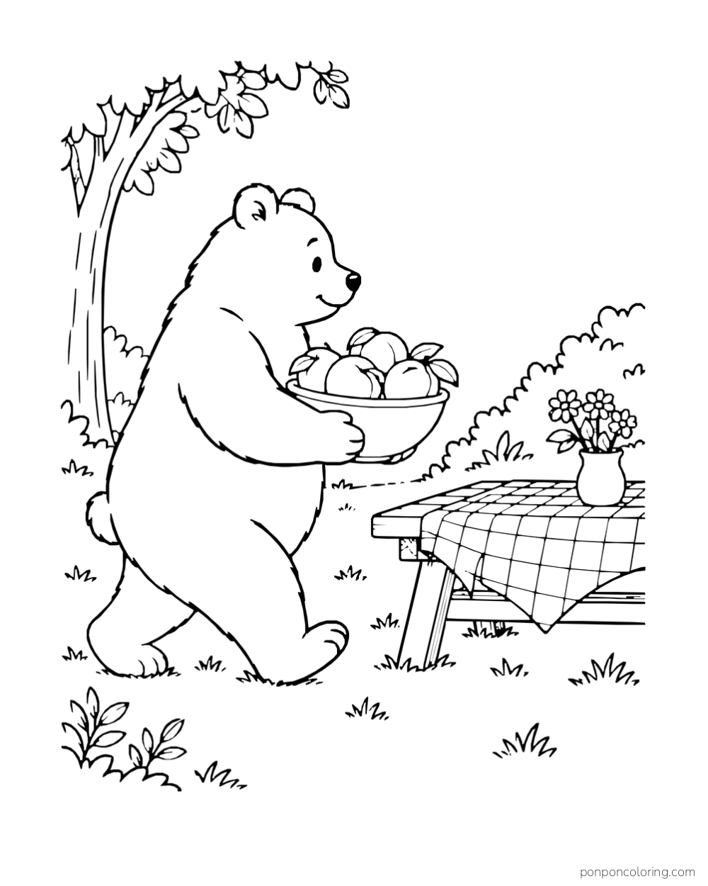 Bear carrying a bowl of peaches toward a checked picnic table.