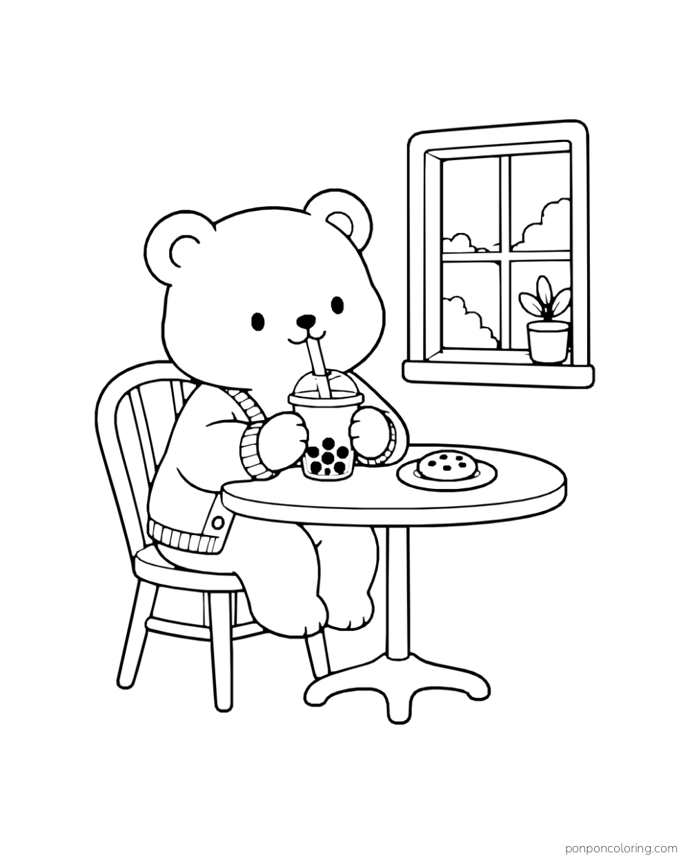 A bear in a cardigan drinks boba beside a cookie at a round table near a window.
