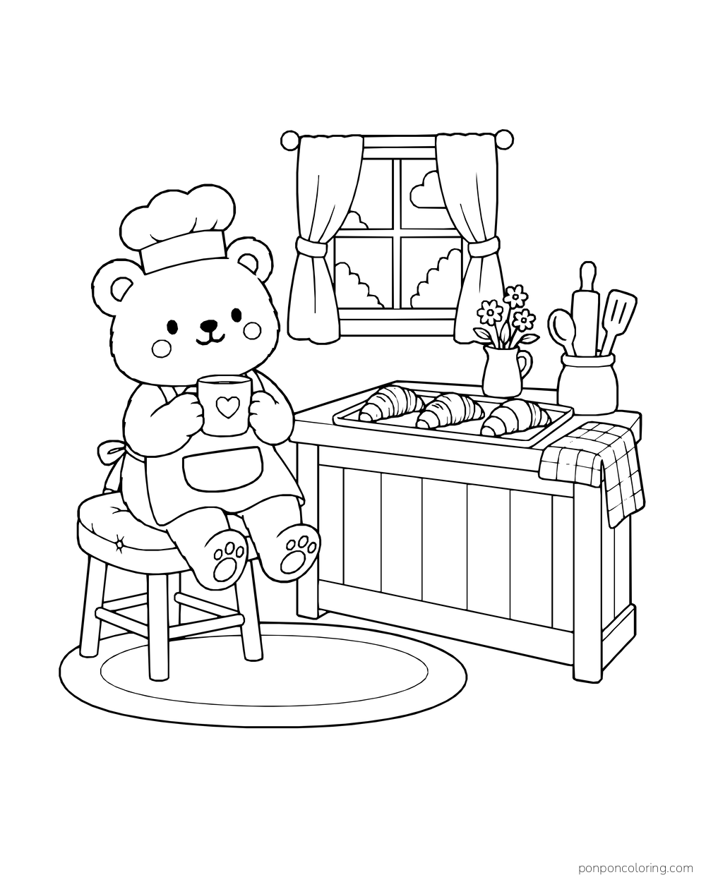 Bear baker holding a mug beside a counter with croissants and a curtained window.