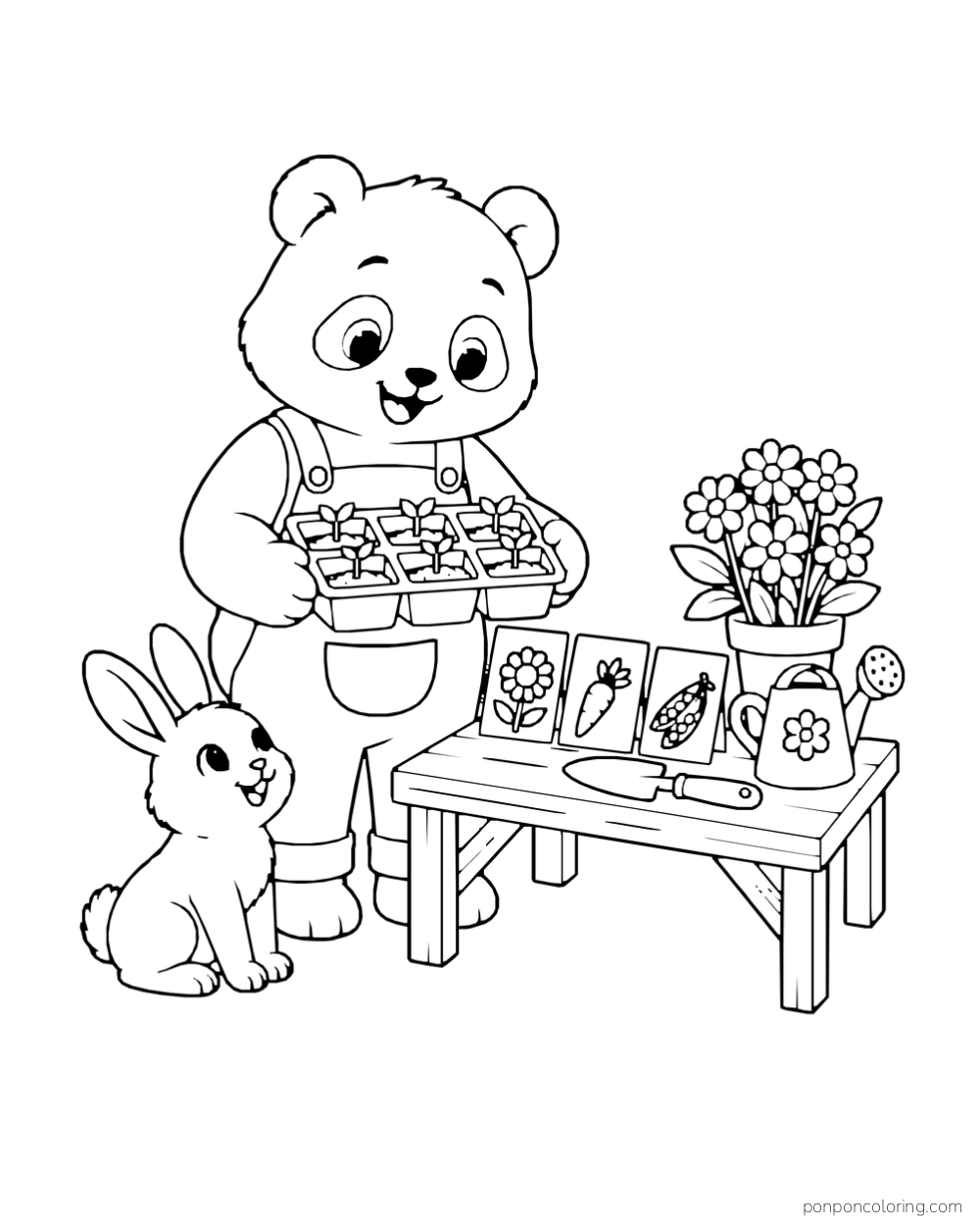 A bear in overalls carries seedlings beside a rabbit and a garden table with seed packets and flowers.