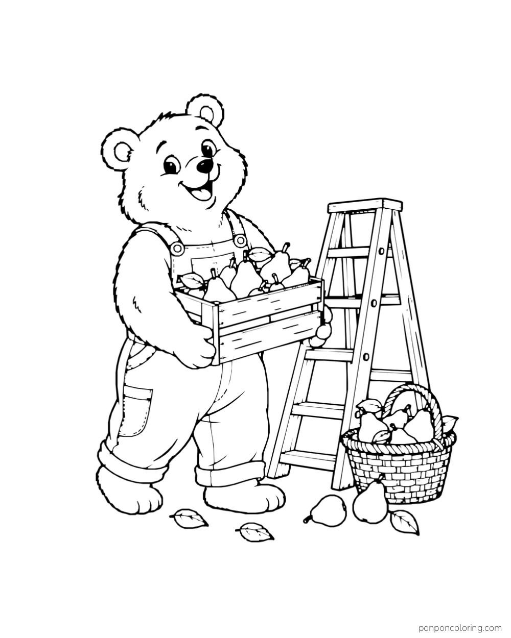 A bear in overalls carries a crate of pears beside a short ladder and a pear basket.