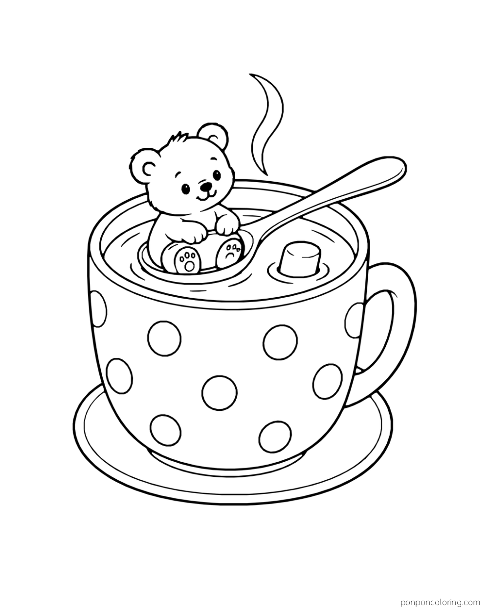 A tiny bear cub rides in a spoon across the top of a giant cocoa mug.