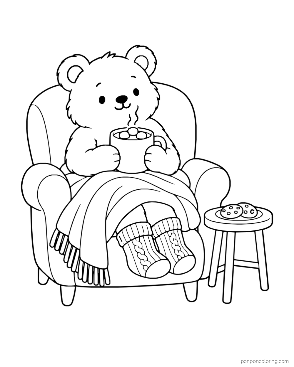 A bear in knitted socks sits in an armchair holding a mug with three marshmallows, a blanket over its lap and two cookies on a side table.