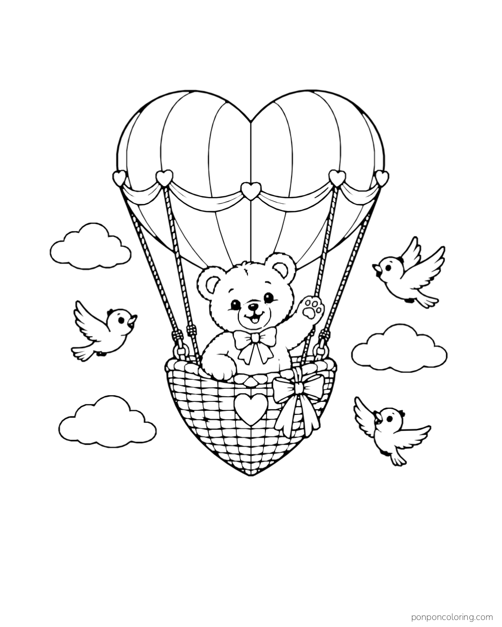 A waving bear rides in a heart-shaped hot-air balloon among birds and clouds.