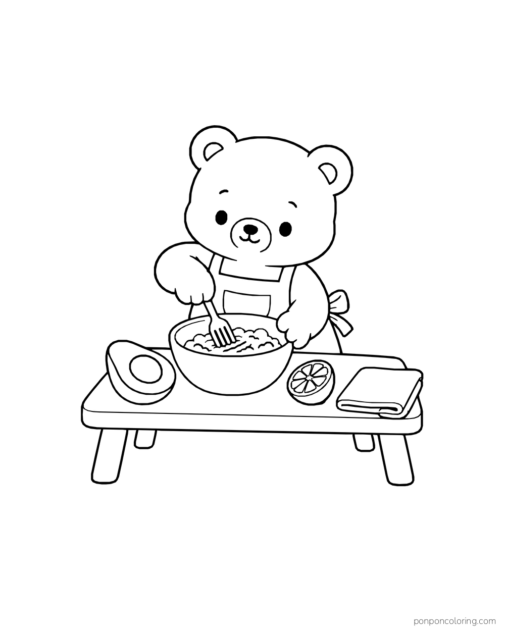 Bear in an apron mashing avocado with a fork in a bowl beside an avocado half, lime half, and folded cloth.